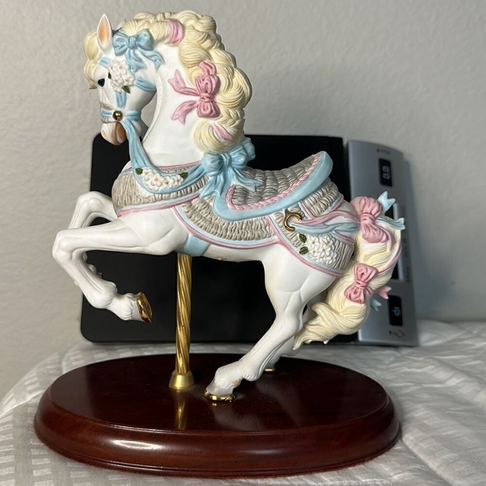 Lenox Porcelain Carousel Horse Collection Wood Base Pink Blue White 8” 1987 NOS